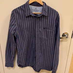 Used American Eagle Men’s L L/S blue with red/white stripes dress shirt.
